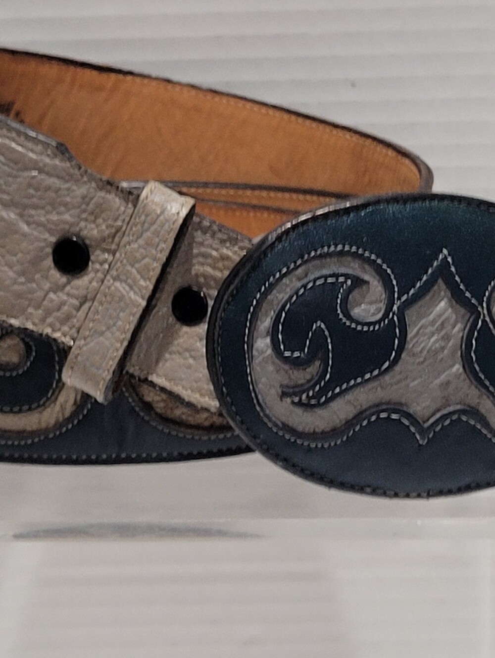 Tony Lama Mens Western Cowboy Leather Belt 46 Blue Grey Cowhide Leather W Buckle - Picture 2 of 16